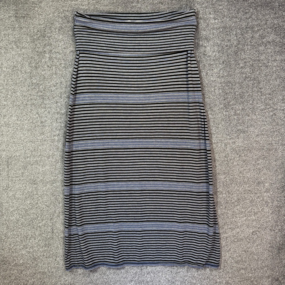 Max Studio Striped Maxi Skirt Large Black Blue Grey Fold Over Waist Jersey Knit